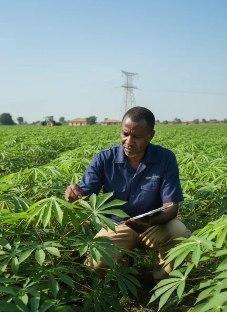 Man inspecting cassava farm
